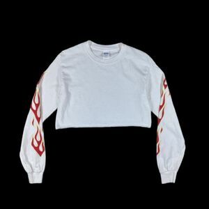 Gildan Long Sleeve Cropped White Top | Size S